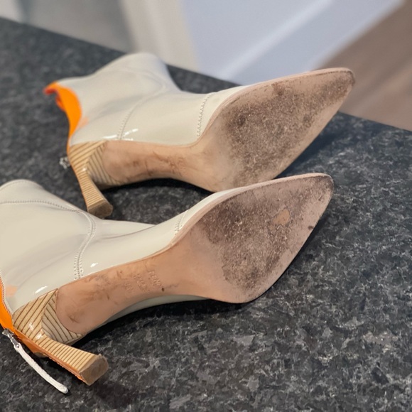 FENDI Ankle Boots Beige Orange Neoprene FFRAME Zipper Wood Heels 38.5 - Picture 5 of 8